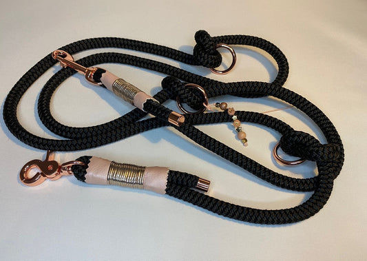 Hundeleine Schwarz "Black Glamour" mit roségoldenen Schnallen 10mm