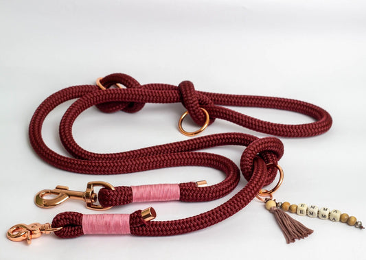 Hundeleine mit Halsband - Bordeaux Rot mit roségoldenen Schnallen
