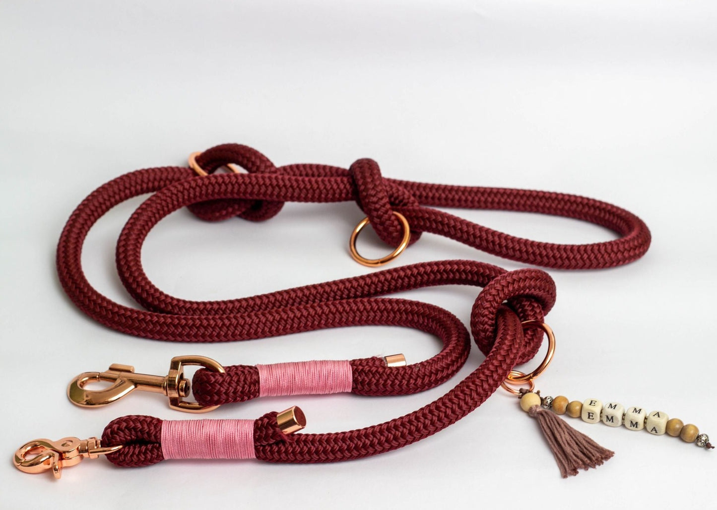 Hundeleine mit Halsband -  Bordeaux Rot mit roségoldenen Schnallen