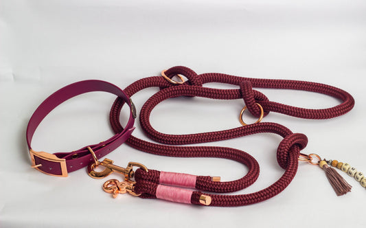 Hundeleine mit Halsband -  Bordeaux Rot mit roségoldenen Schnallen